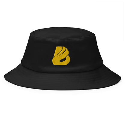 Old School-Fischerhut N°2, vintage black bucket hat with yellow logo, perfect for fishing and hiking, 1980s and 1990s retro style