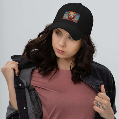Woman wearing Dad-Hat N°0 with artistic design on front, black adjustable cap, stylish casual look.