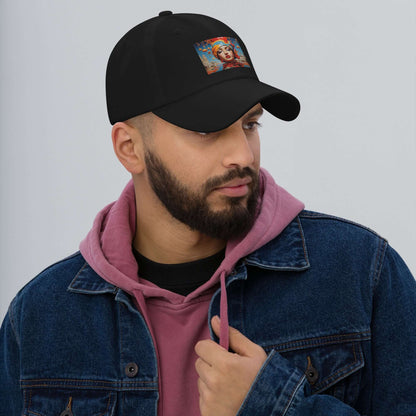Man wearing black Dad-Hat N°0 with colorful patch, casual style with denim jacket and pink hoodie, showcasing adjustable strap and curved brim.