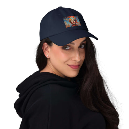 Woman wearing Dad-Hat N°0 with artwork, showing flat profile and adjustable strap on black cap.