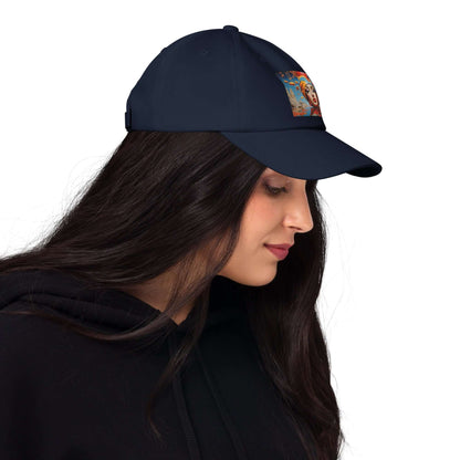Woman wearing Dad-Hat N°0 in navy with flat profile, adjustable strap, and curved visor, made from cotton chino cord.