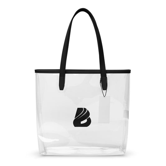 Chic transparent tote bag with black handles and logo, ideal for concerts and beach days, made from durable TPU material.