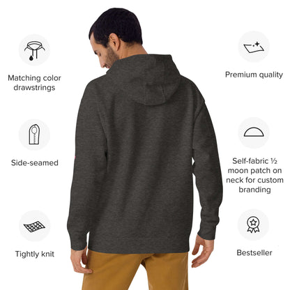 Unisex-Kapuzenpullover in dark gray, featuring premium quality and side-seamed design with matching color drawstrings and tightly knit fabric.