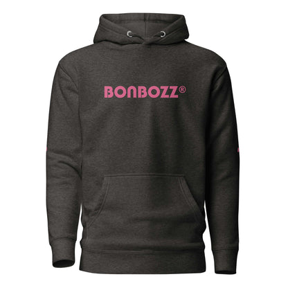 Unisex-Kapuzenpullover mit Aufdruck, schwarz mit pinkem Logo, weicher Stoff, Vorderseite mit Beuteltasche und Kapuze, ideal für kühle Abende