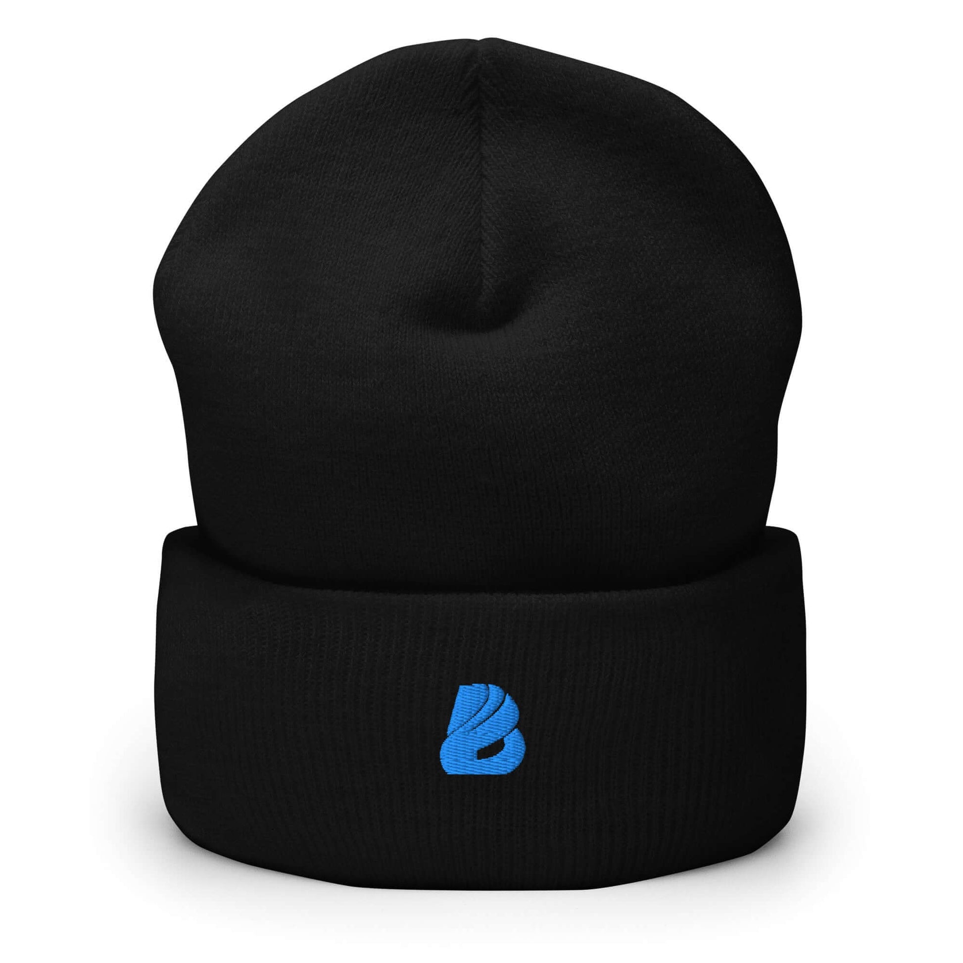 Umgeschlagene Beanie in Schwarz mit blauem Logo, hypoallergenes Material, hält warm und verleiht Charm, unisex, leicht zu reinigen.