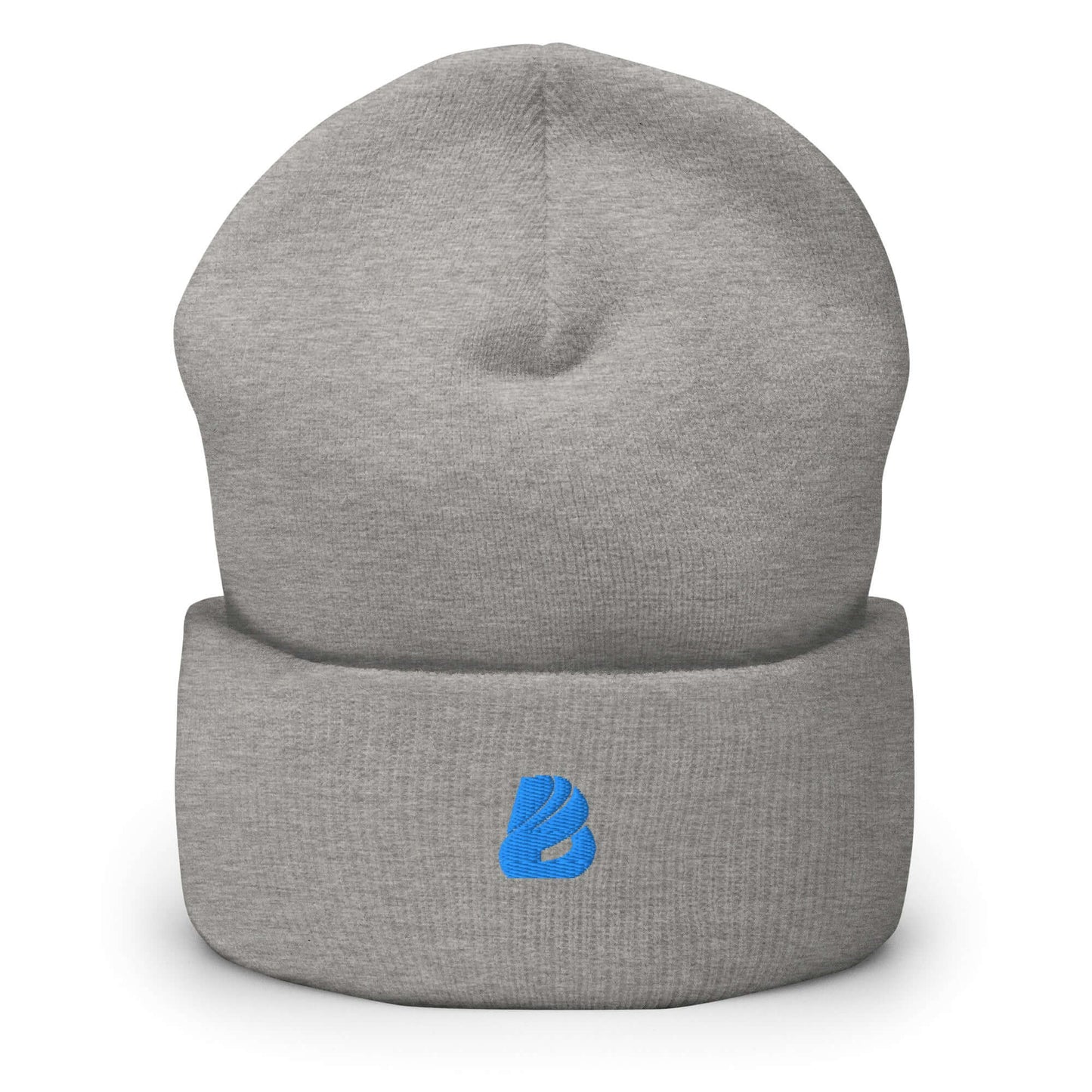 Graue umgeschlagene Beanie aus 100 % Turbo-Acryl, hypoallergen, unisex, mit blauem Logo, ideal für warme und stilvolle Outfits.