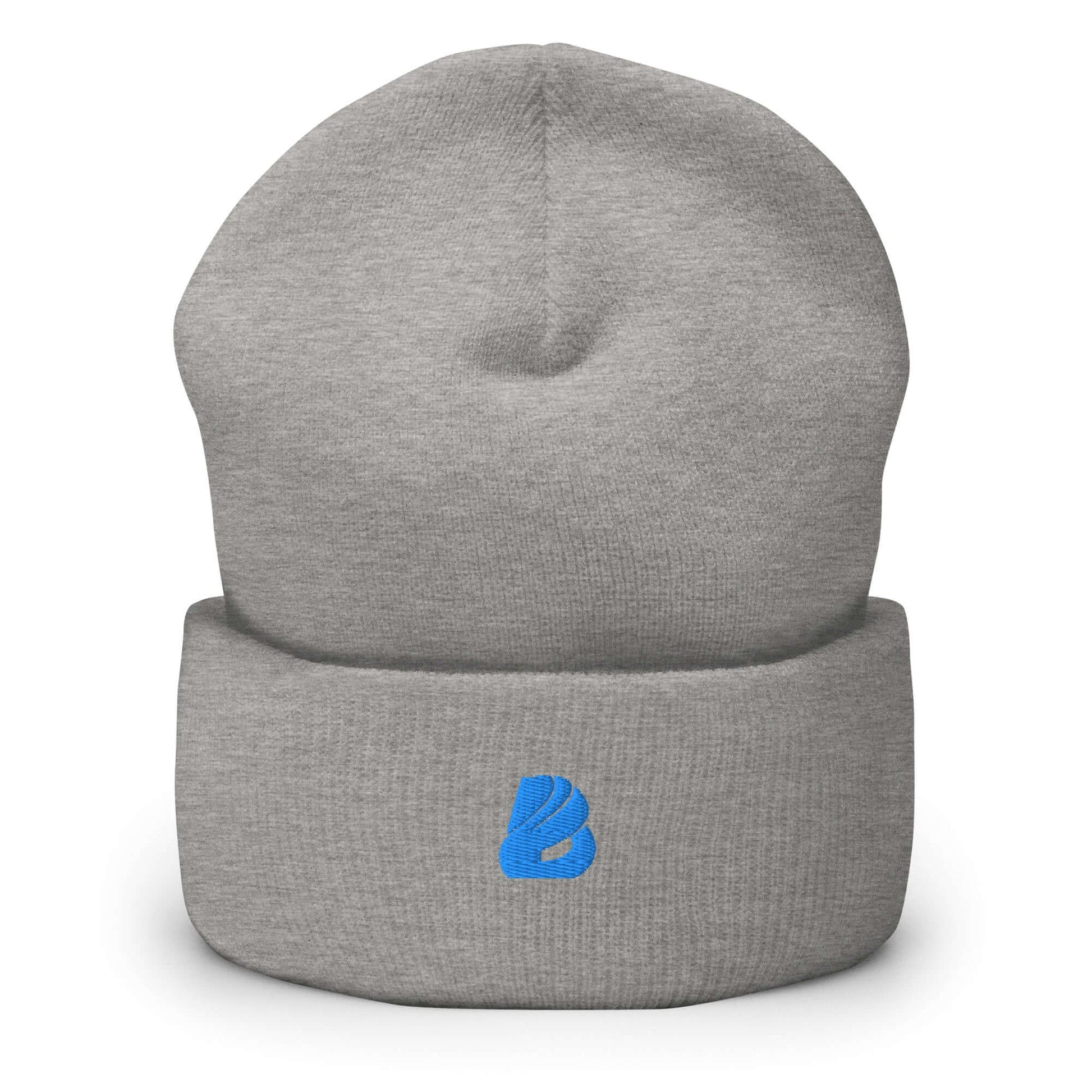Graue umgeschlagene Beanie aus 100 % Turbo-Acryl, hypoallergen, unisex, mit blauem Logo, ideal für warme und stilvolle Outfits.