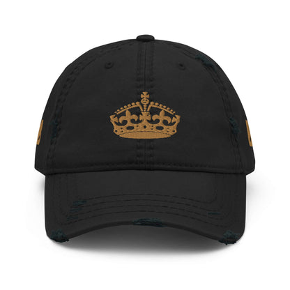 Black Dad-Hat im Used-Look N°0 with gold crown emblem, featuring pre-shrunk cotton twill and embroidered eyelets.