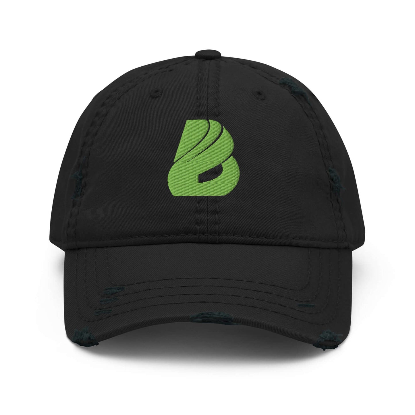 Dad-Hat im Used-Look mit grünem Logo auf schwarzem Baumwollköper, modisches Accessoire für Freizeitoutfits.