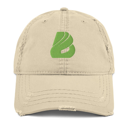 Dad-Hat im Used-Look in Beige mit gesticktem grünem Logo, unstrukturierter Low-Profile-Design, perfekte Ergänzung für Freizeit-Outfits.