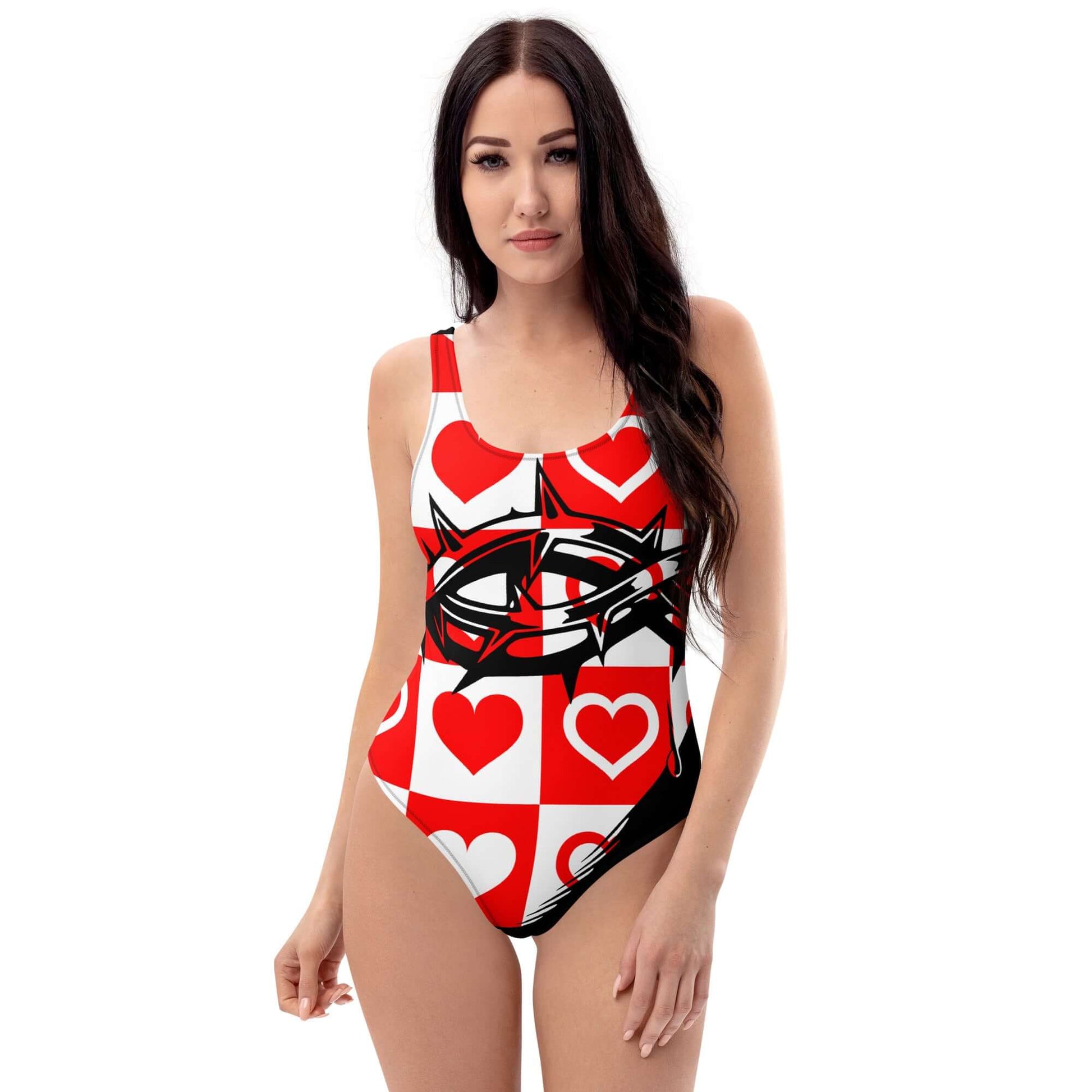Einteiliger Badeanzug mit Herzdesign in Rot und Weiß, ideal für Strand und Pool, schmeichelhafte Passform.