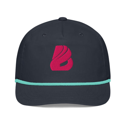 Golfcap with pink logo, structured fit, adjustable snapback, teal band, 70% cotton, 30% nylon, perfect for outings.