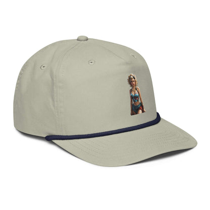 Beige Golfcap with embroidered design and navy band, featuring adjustable snapback closure for customizable fit.