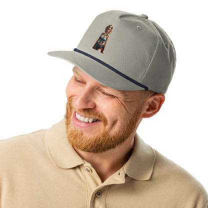 Man wearing a Golfcap with structured fit, snapback closure, and stylish band, smiling and looking down, perfect for classic outings.
