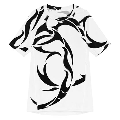 Herren-Rashguard with black abstract prints, featuring moisture-wicking, stretchable recycled fabric and flatlock seams for comfort.