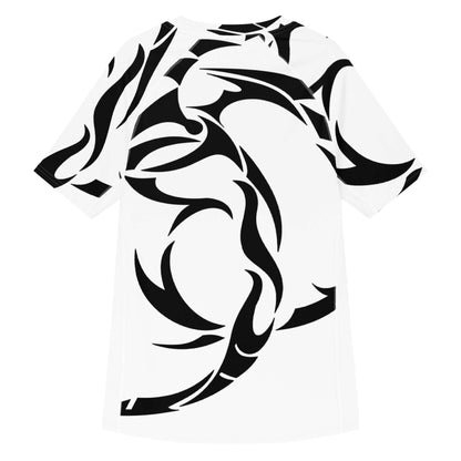 Herren-Rashguard with bold black abstract print, moisture-wicking recycled fabric, perfect for sports and beach activities.