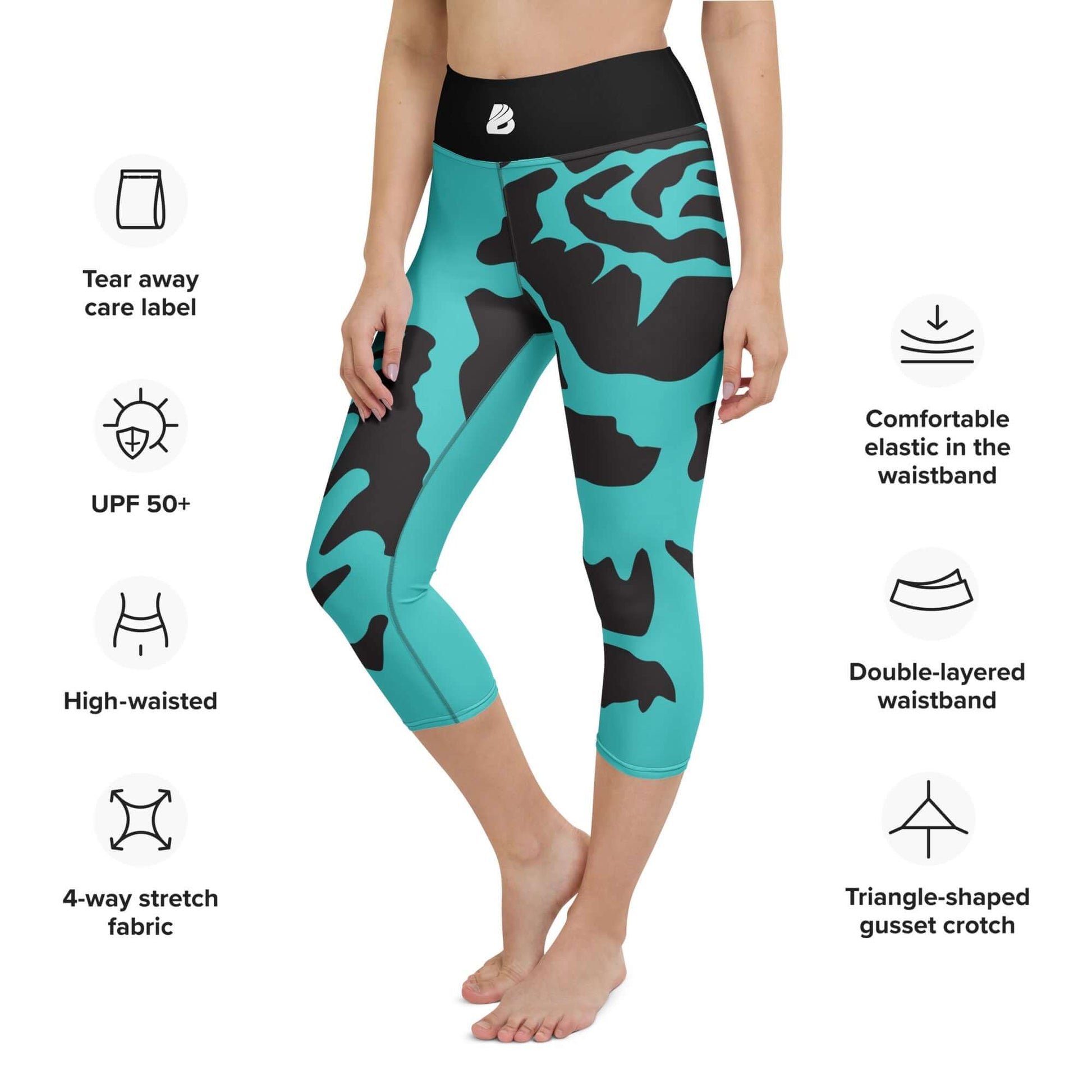 High-waisted yoga capri leggings in teal with black rose patterns, featuring 4-way stretch fabric and elastic waistband.