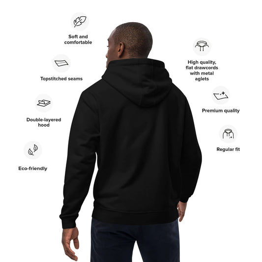 Man wearing a high-quality eco-friendly black hoodie featuring double-layered hood and soft, comfortable fabric.