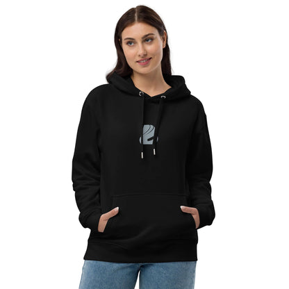 Hochwertiger Öko Kapuzenpullover N°15 aus Bio-Baumwolle und recyceltem Polyester, schwarze Farbe, bequeme Passform