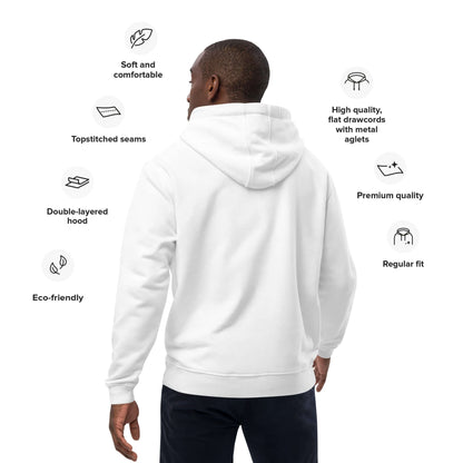 Hochwertiger Öko Kapuzenpullover N°15 in white, showing double-layered hood and eco-friendly materials, worn by model.