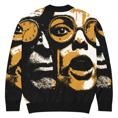 Gestrickter Cardigan with abstract face and clock design in black, white, and orange. Comfortable and stylish knit for all seasons.