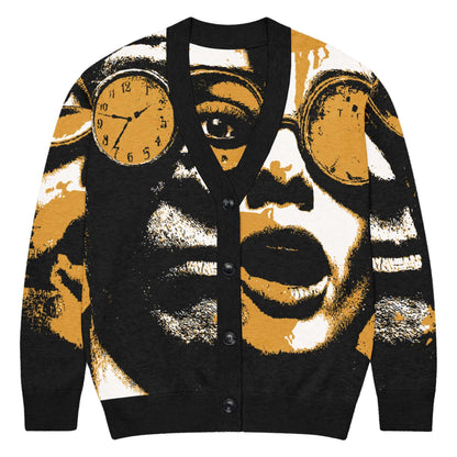 Gestrickter Cardigan with artistic face print and clocks design, jacquard knit, black and beige, perfect layering for a luxe, modern look.