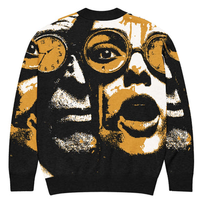 Gestrickter Cardigan with artistic face print design in black and gold hues, featuring lightweight, cozy cotton-polyester blend fabric.