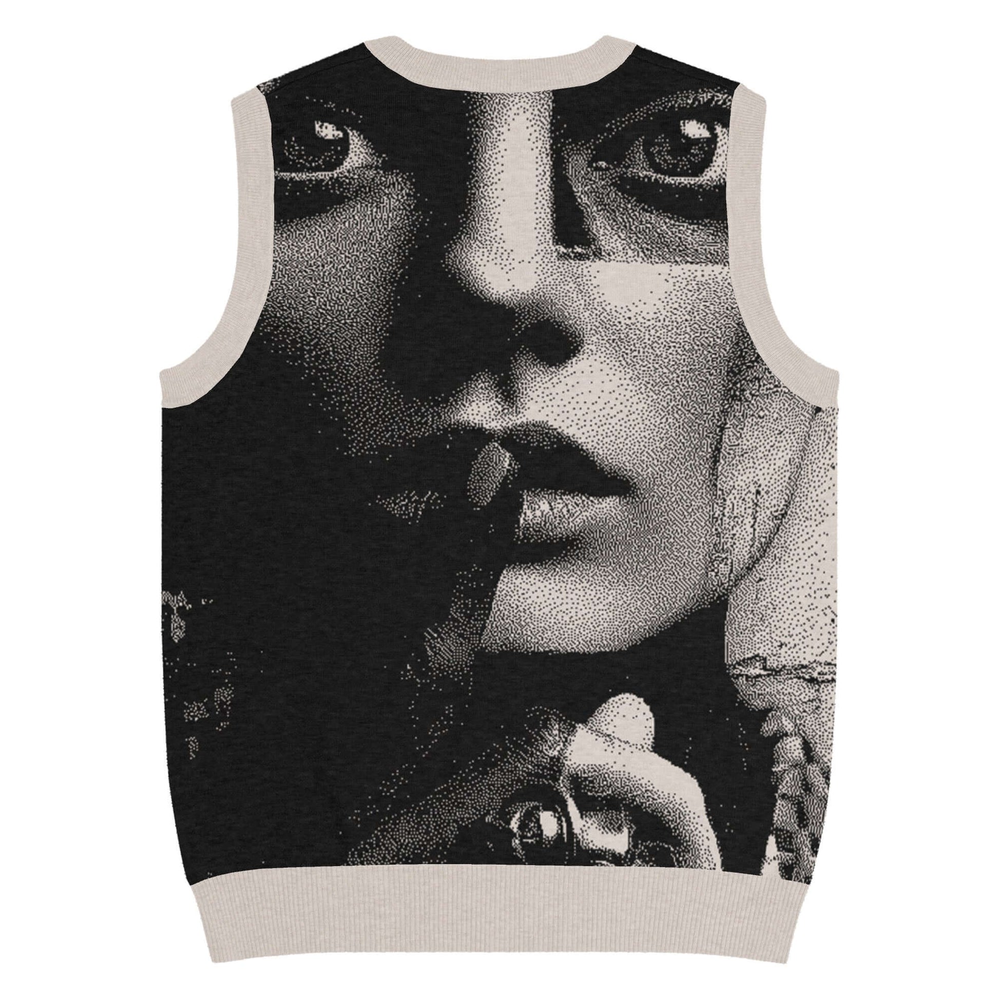 Strickpullover mit V-Ausschnitt featuring vintage black and white graphic, jacquard details, unisex fit for chilly days and cozy nights.
