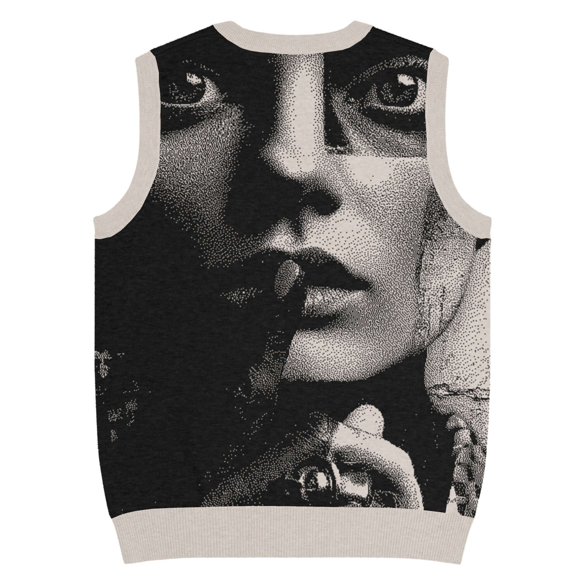 Strickpullover mit V-Ausschnitt featuring artistic face print and classic unisex fit, perfect for stylish and cozy cold days.