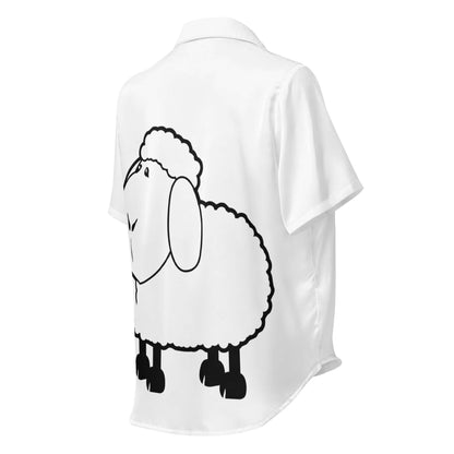 Kurzärmeliges Pyjama-Oberteil für Damen in weiß mit aufgedrucktem schwarzem Schafmotiv aus luxuriösem Satin-Material.