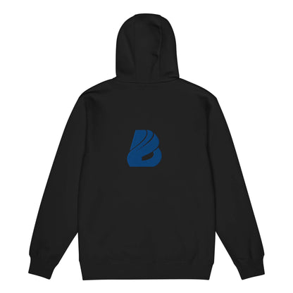 Premium-Zip-Hoodie with logo, soft and warm, versatile for layering year-round, shown in black with blue design on back.