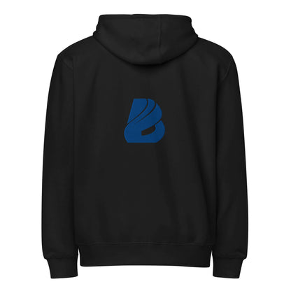 Premium-Zip-Hoodie in black with blue logo on the back, warm and versatile design, ideal for layering year-round.