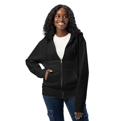 Woman wearing Premium-Zip-Hoodie in black, soft and warm with relaxed fit, ideal for layering all year.