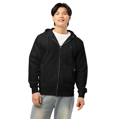 Man wearing black Premium-Zip-Hoodie, showcasing soft and warm cotton blend, ideal for layering and daily wear.