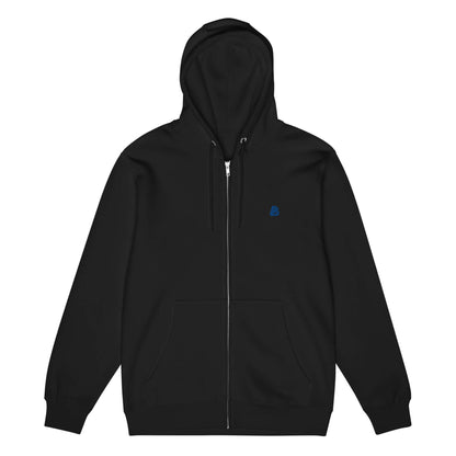Premium-Zip-Hoodie in black, soft cotton blend, versatile layering piece for year-round comfort and style.