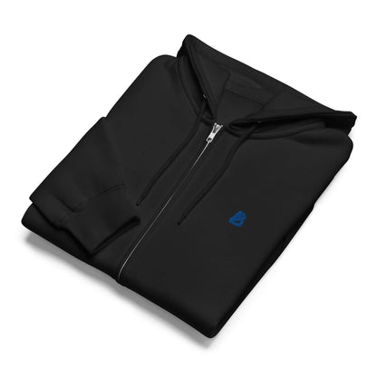 Premium-Zip-Hoodie folded, black color, with blue logo and zipper detail, crafted from recycled polyester and cotton blend.