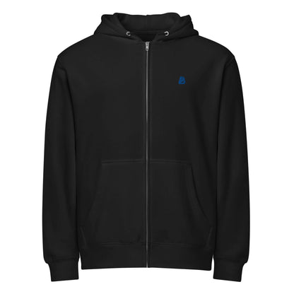 Premium-Zip-Hoodie in black, showcasing soft, warm fabric blend of cotton and recycled polyester, ideal for versatile layering.