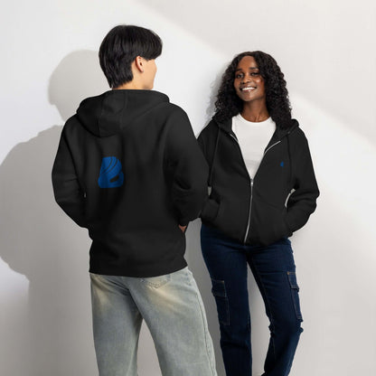 Two people wearing Premium-Zip-Hoodie in black, one facing forward and one back, showcasing its versatility and style for any occasion.