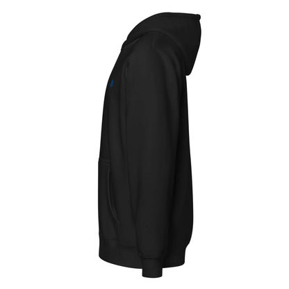 Side view of black Premium-Zip-Hoodie, featuring soft, warm fabric ideal for year-round layering with a relaxed fit and clear design.