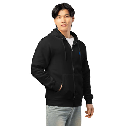 Model wearing black Premium-Zip-Hoodie, soft and versatile for year-round layering, with a relaxed fit and clean design, perfect for daily wear.