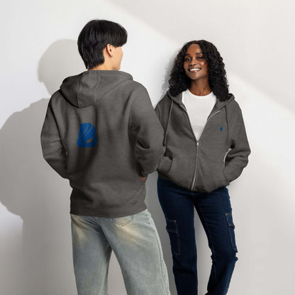 Two models wearing a Premium-Zip-Hoodie, showcasing its comfortable and versatile design in a casual setting.