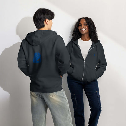 Premium-Zip-Hoodie in charcoal gray, worn by two people, displaying comfort and style. Ideal for layering and everyday wear.