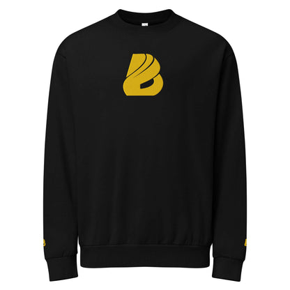 Urbaner Pullover in Schwarz mit gelbem Logo, Oversized-Fit, Rundhalsausschnitt, ideal für Streetwear. 80% Baumwolle, 20% recycelter Polyester.