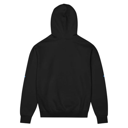 Boxy-Hoodie für Herren in Schwarz, Rückansicht, weiches Fleece, oversized Passform mit tief angesetzten Schultern und überlappendem Halsausschnitt.