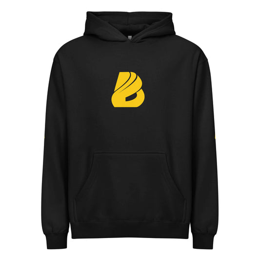 Boxy-Hoodie für Herren in Schwarz mit gelbem Logo und Kängurutasche, oversized Passform, dicht gewebtes Fleece für Weichheit.