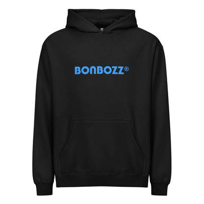 Boxy-Hoodie für Herren in Schwarz mit Bonbozz-Logo, weiches dicht gewebtes Fleece, tiefe Schultern und überlappender Ausschnitt für modernen Look