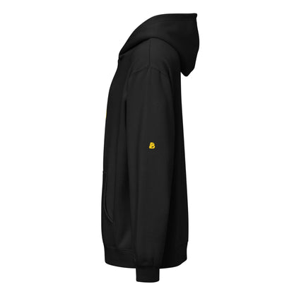 Boxy-Hoodie für Herren in Schwarz mit weichem Fleece und überlappendem Halsausschnitt, Seitenansicht, markanter Boxy-Passform.