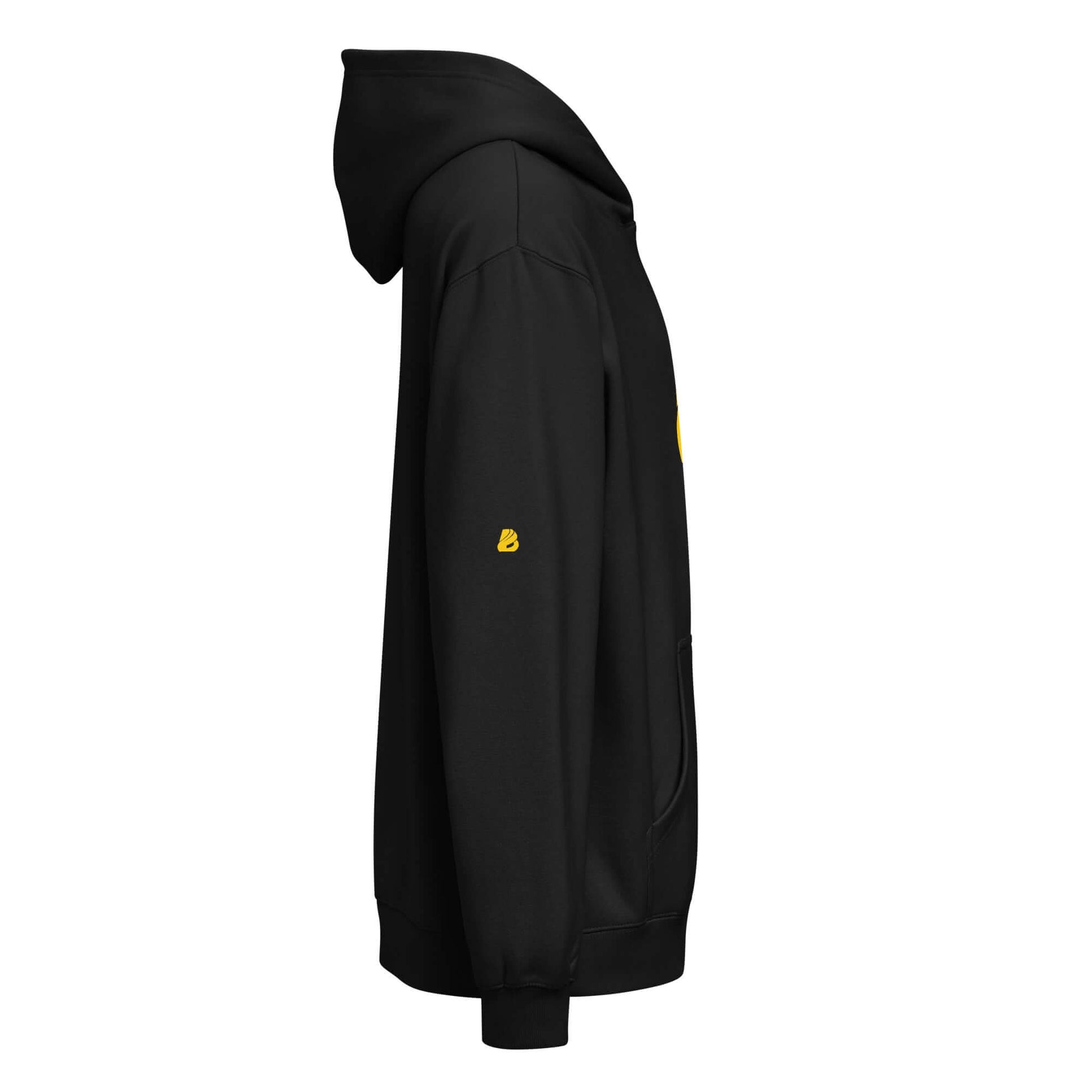 Side view of a black Boxy-Hoodie für Herren showing soft fleece fabric and oversized fit with deep shoulders.
