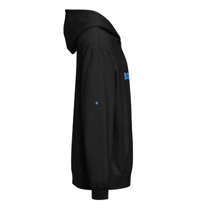 Boxy-Hoodie für Herren in Schwarz, seitliche Ansicht mit übergroßer Passform, aus dichten Fleece für weichen Tragekomfort.