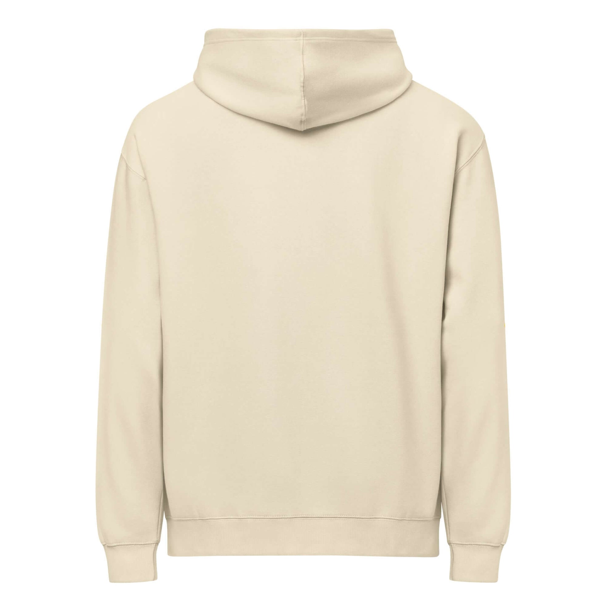 Rückansicht eines Boxy-Hoodie für Herren in Beige, aus weichem Fleece für Komfort und Stil.